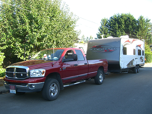Truck towing trailer