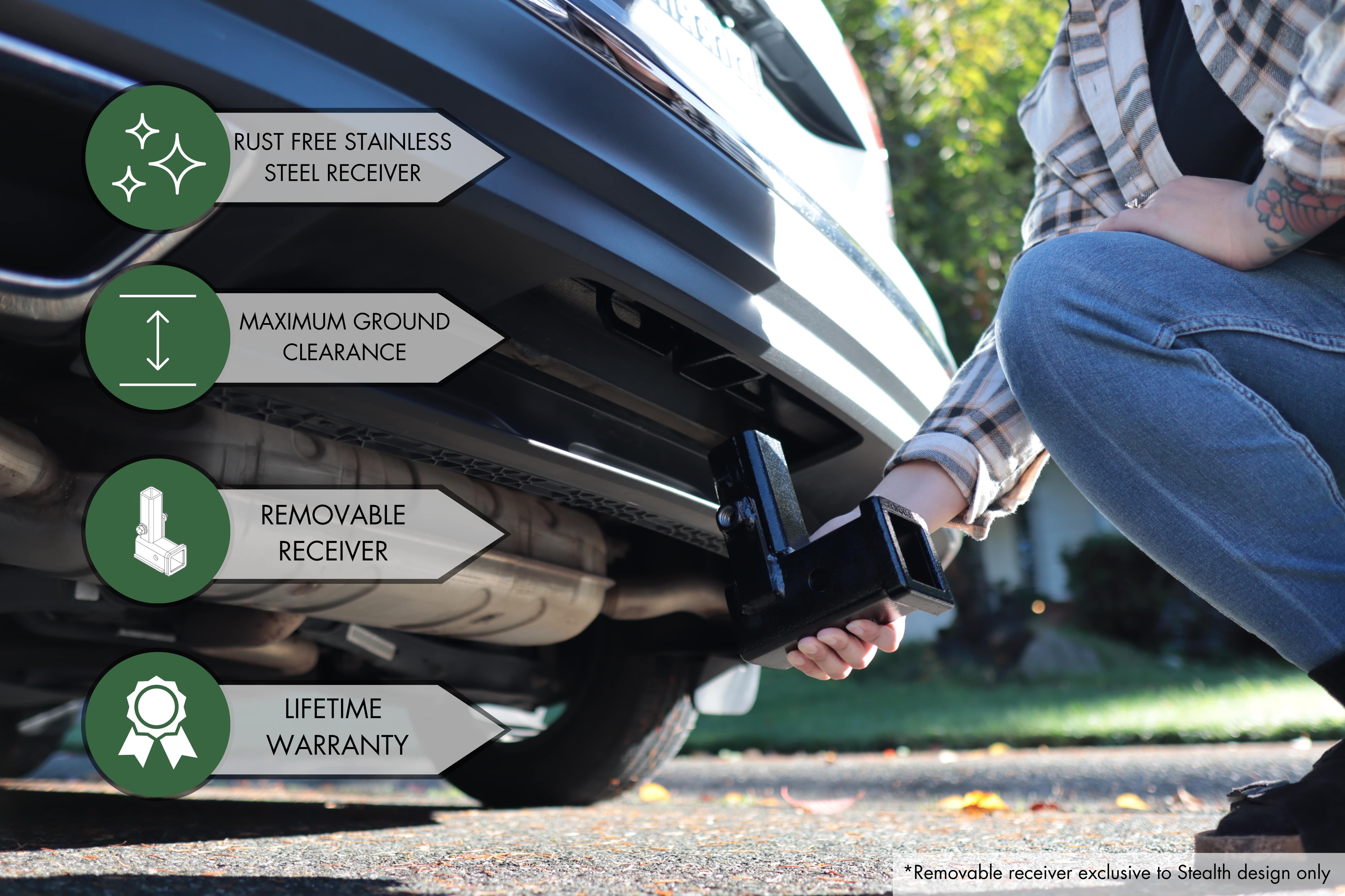 Installing a rust-free stainless steel trailer hitch with removable receiver, max ground clearance, and lifetime warranty